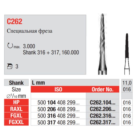 Фреза ТВС хирургическая C262 RAXL, d 1.6мм С262.206.016